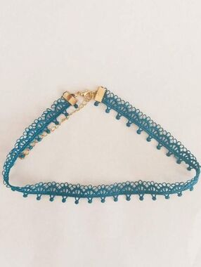 Teal Lace Choker Necklace with Gold Accents